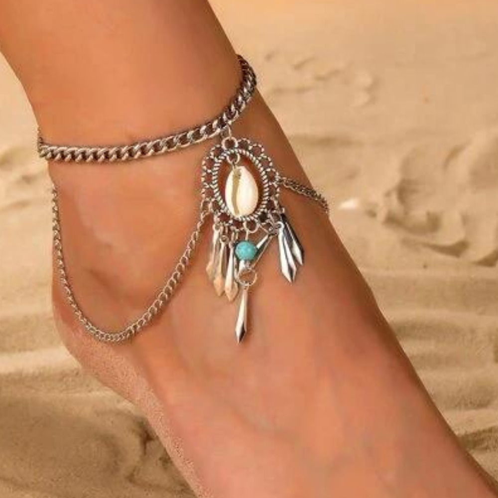Anklet Tribal Indian Ankle Bracelet Feathers Turquios Silver Boho Foot Necklace